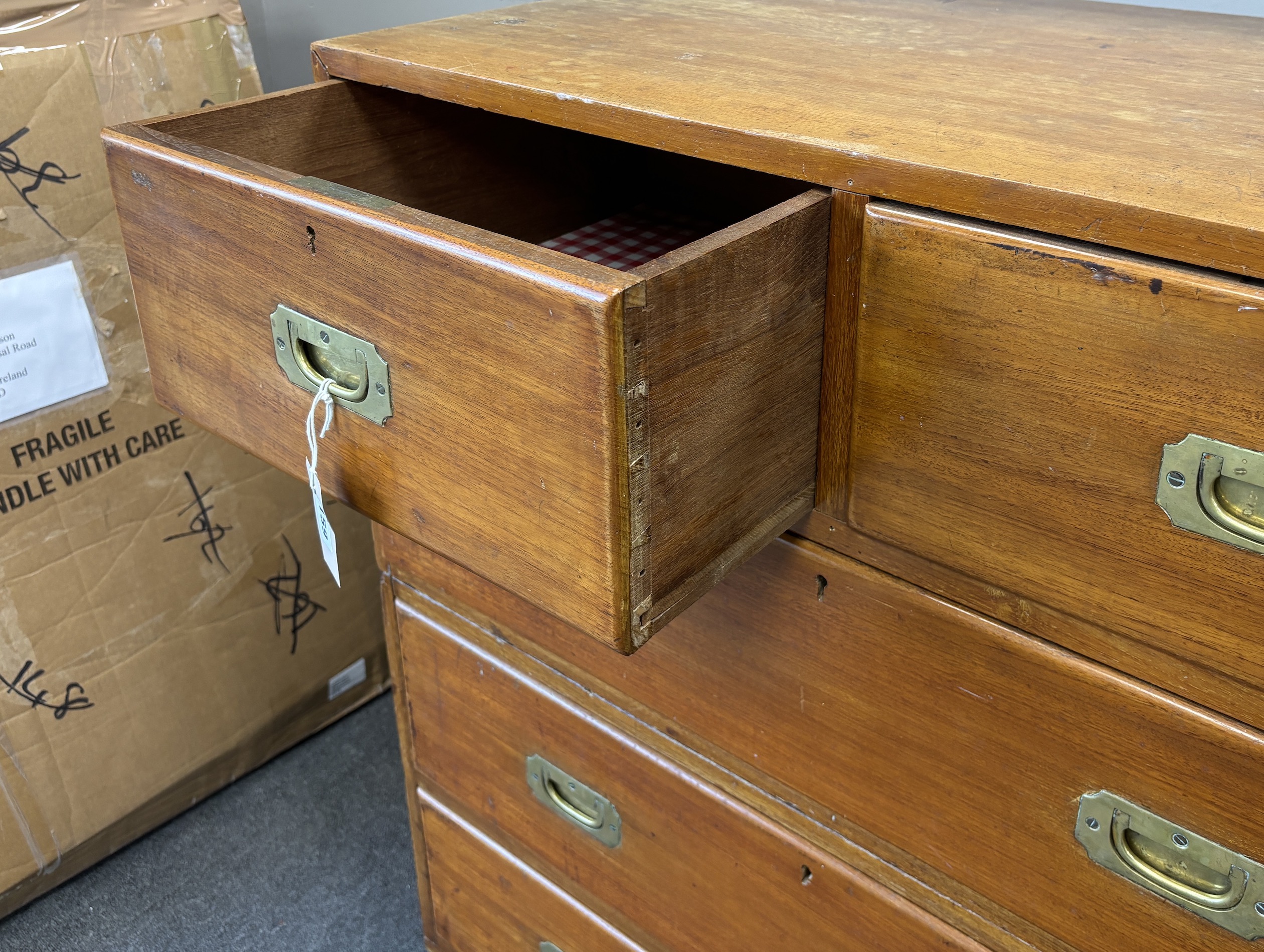 A Victorian teak two part military chest, width 91cm, depth 54cm, height 106cm